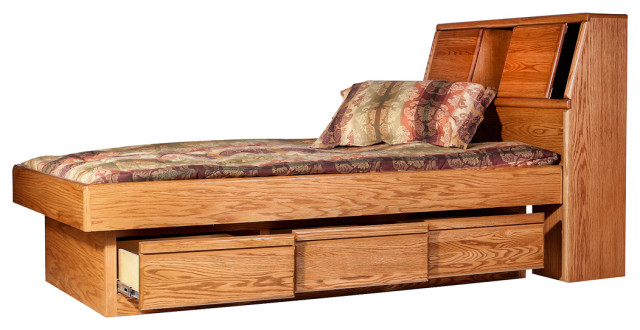 Bullnose Platform Bed With Bookcase Headboard, Golden Oak, E King