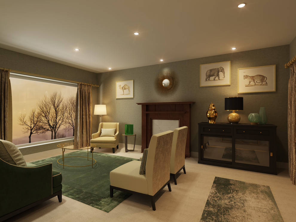 Mid-sized modern formal living room in Other with green walls, carpet, a standard fireplace, a wood fireplace surround, no tv and beige floor.