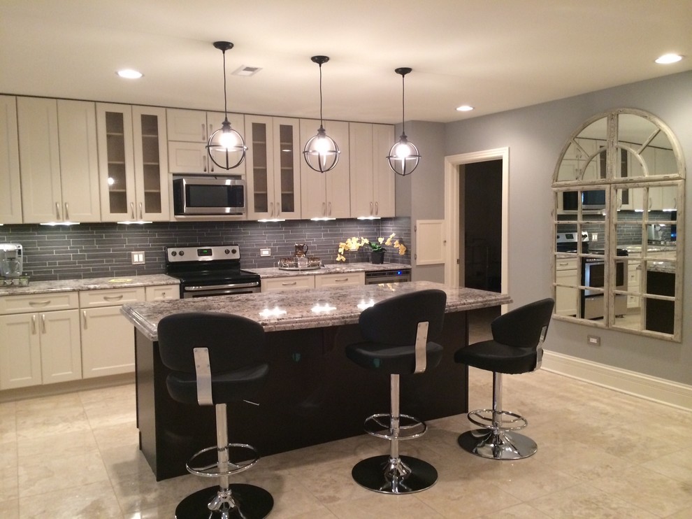 Inspiration for a large transitional look-out ceramic tile home design remodel in Chicago with gray walls