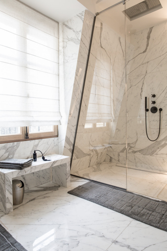 Design ideas for a contemporary bathroom in Paris with multi-coloured tile, stone slab, multi-coloured walls and multi-coloured floor.