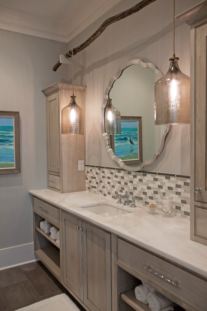 Inspiration for a large transitional master bathroom in Atlanta with shaker cabinets, light wood cabinets, multi-coloured tile, mosaic tile, grey walls, dark hardwood floors, an undermount sink and quartzite benchtops.