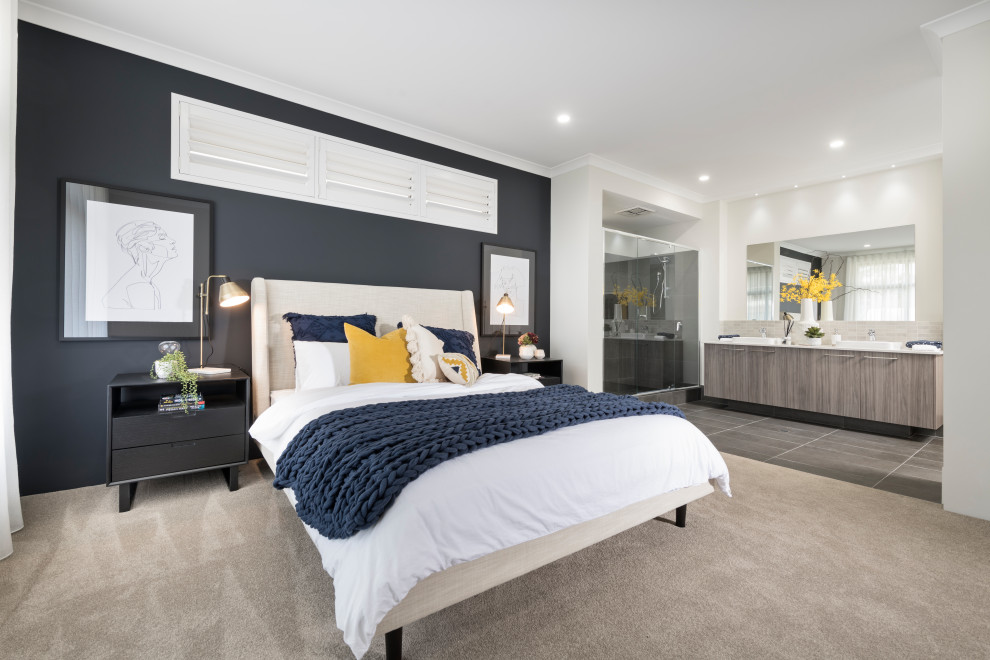 Contemporary master bedroom in Perth with beige walls, carpet, no fireplace and beige floor.