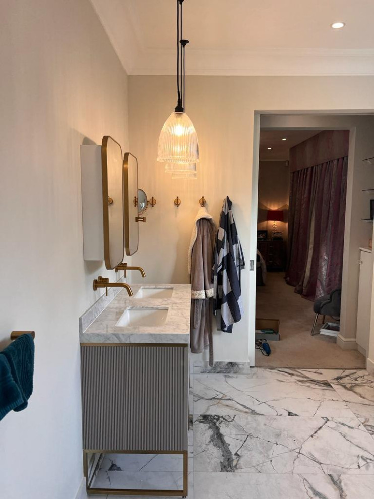 This is an example of a medium sized contemporary grey and black family bathroom in London with open cabinets, white cabinets, a built-in bath, a shower/bath combination, a one-piece toilet, white tiles, cement tiles, white walls, ceramic flooring, a built-in sink, copper worktops, multi-coloured floors, a hinged door, brown worktops, feature lighting, double sinks, a built in vanity unit, a wood ceiling and wood walls.