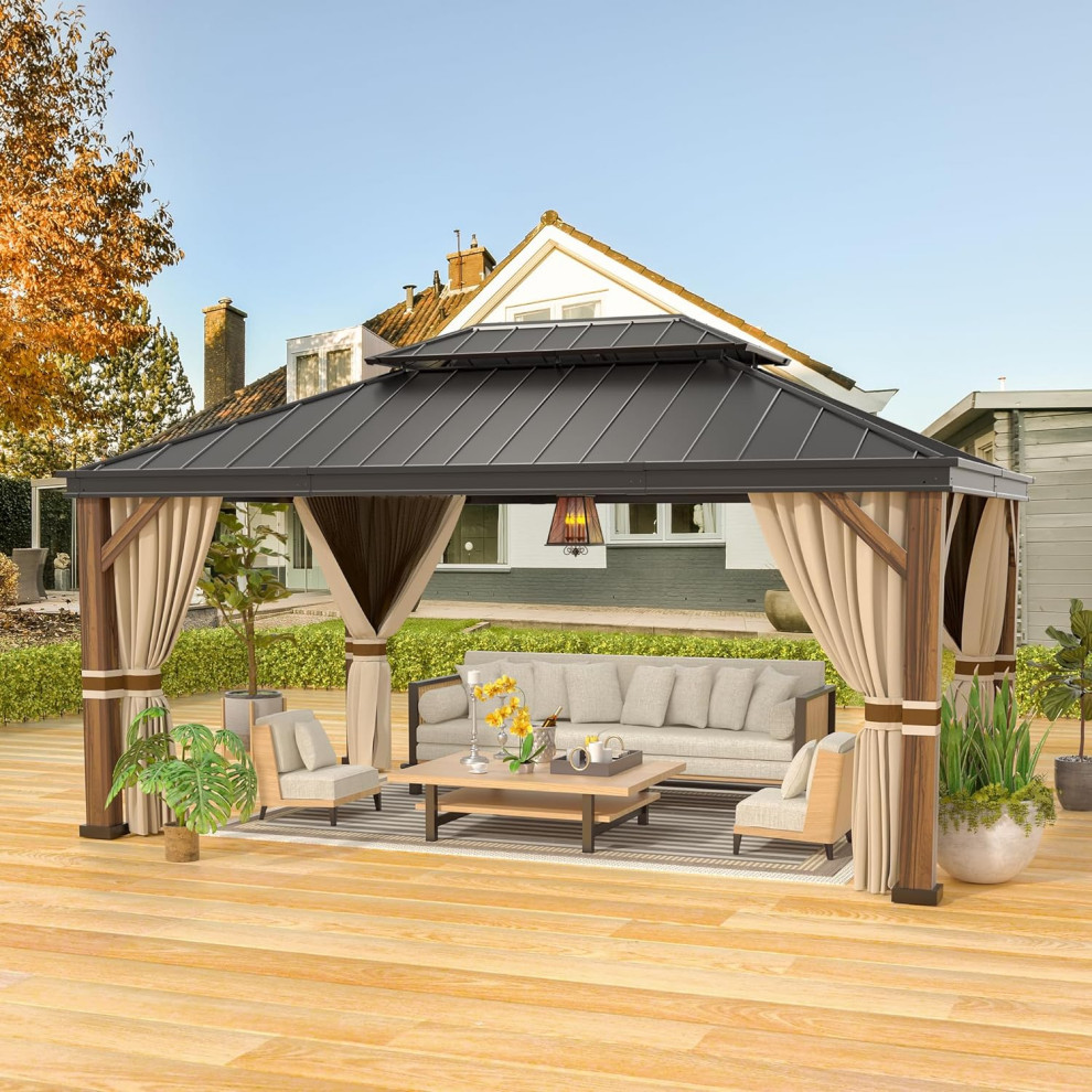 Gazebo 12x16, Hardtop Gazebo with Wood Finish Aluminum Frame ...