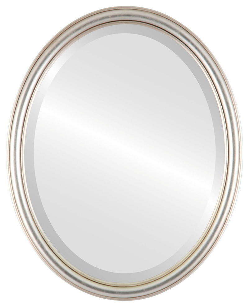 Saratoga Framed Oval Mirror in Silver Leaf with Brown Antique, 21"x25"
