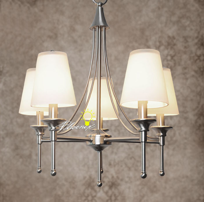 Modern 5 Brushed Stainless and Glass Shades Chandelier