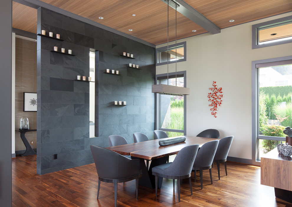 Inspiration for a contemporary dining room in Seattle with white walls and dark hardwood floors.