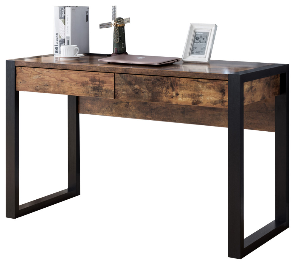 Benzara Wooden Desk with Electric Outlet and Sled Leg Support, Black