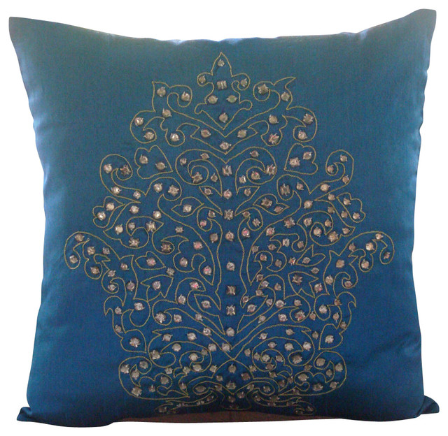 Blue Damask Silk Decorative Pillow Covers, Damask Royal