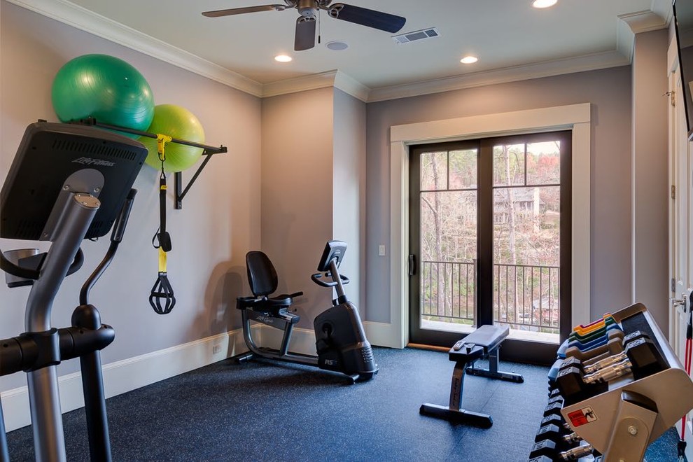 Inspiration for a mid-sized arts and crafts home weight room in Atlanta with grey walls.