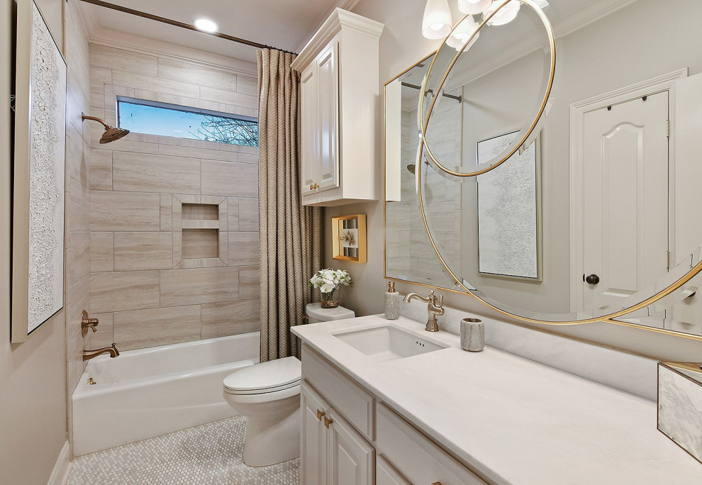 Drop-in bathtub - mid-sized transitional 3/4 beige tile and ceramic tile mosaic tile floor, white floor and single-sink drop-in bathtub idea with beaded inset cabinets, white cabinets, a one-piece toilet, beige walls, an undermount sink, quartzite countertops, white countertops and a built-in vanity