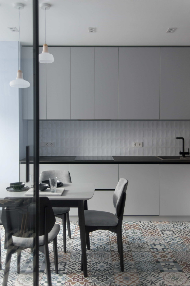 The light blue tones in the interiors of apartment