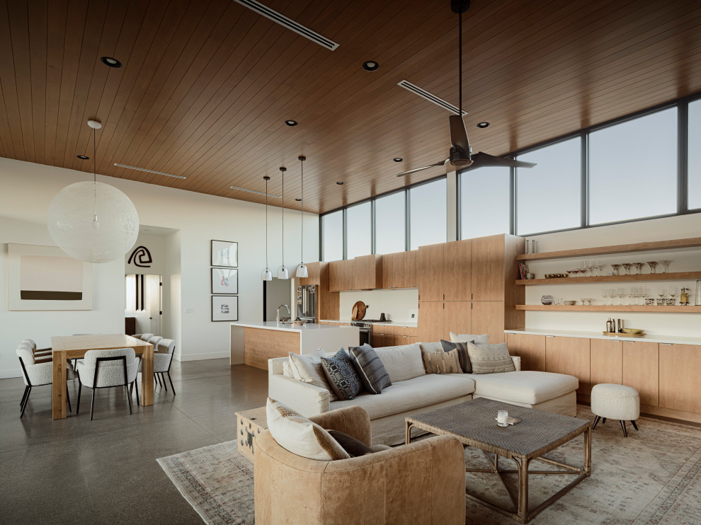 Foto di un grande soggiorno design aperto con pareti bianche, pavimento in cemento, camino bifacciale, pavimento grigio e soffitto in legno