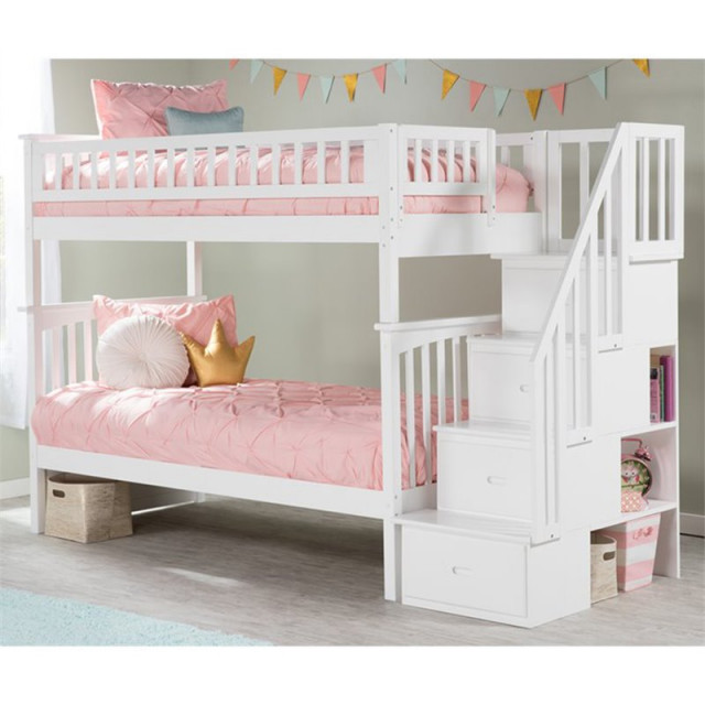 AFI Columbia Twin Over Twin Staircase Solid Wood Bunk Bed in White ...