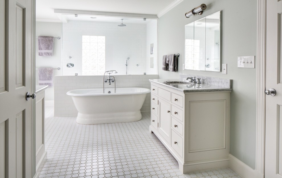Inspiration for a mid-sized traditional master bathroom in Other with beaded inset cabinets and white cabinets.