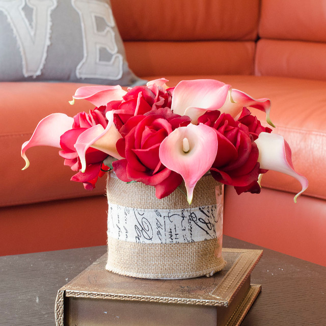 Real Touch Red Rose Pink Calla Lily Burlap Vase Faux Floral Arrangements & Cente
