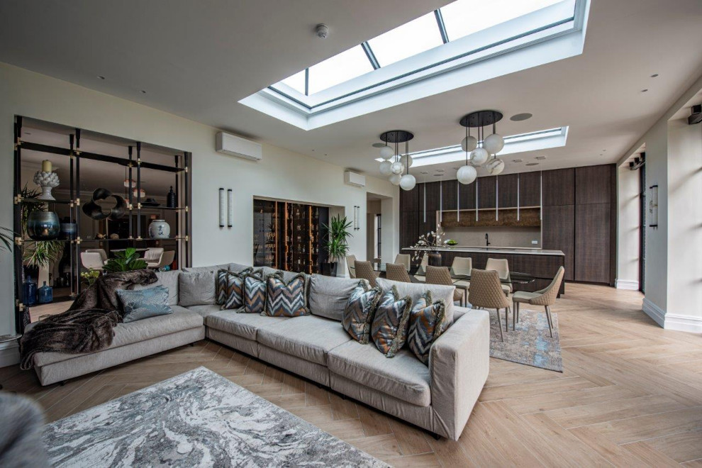 Design ideas for an expansive contemporary grey and brown living room in Manchester with porcelain flooring.