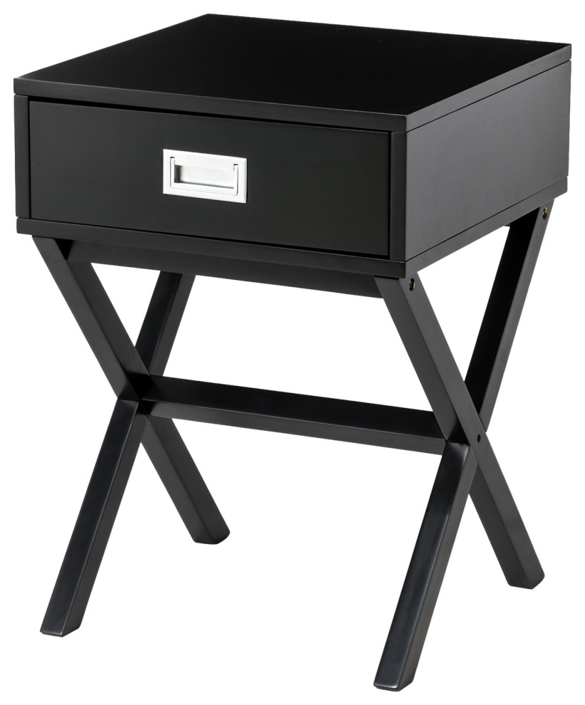 21.85''H Black Wooden Xleg End Table, 1Drawer Transitional Side