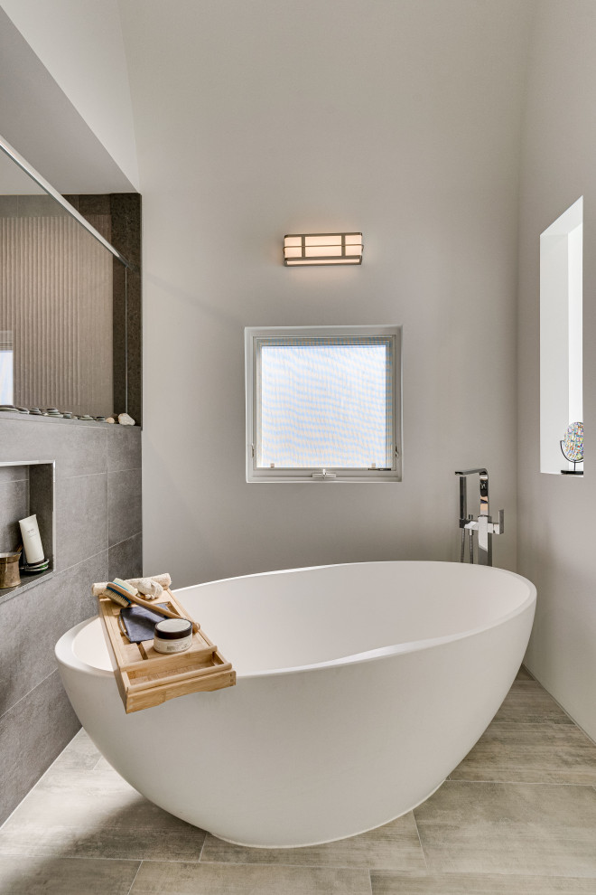 Design ideas for a large contemporary master bathroom in DC Metro with flat-panel cabinets, white cabinets, a corner shower, concrete benchtops, a hinged shower door, a niche, a double vanity and a floating vanity.