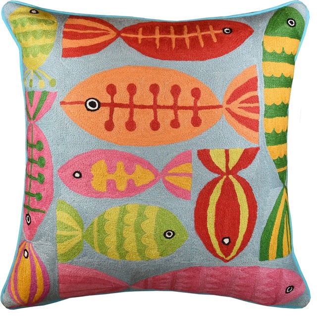 Modern Fish Turquoise Suzani Decorative Pillow Cover Handmade Wool