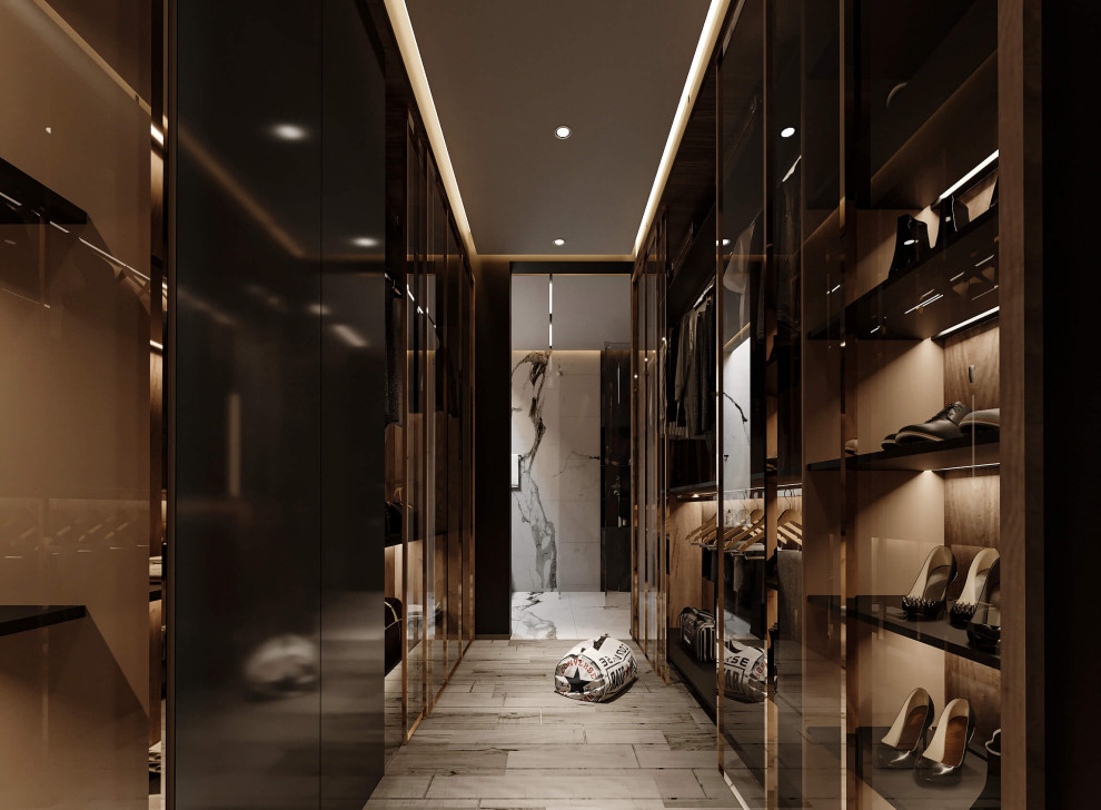 Large modern gender neutral dressing room in Other with glass-front cabinets, dark wood cabinets, light hardwood flooring and a wood ceiling.