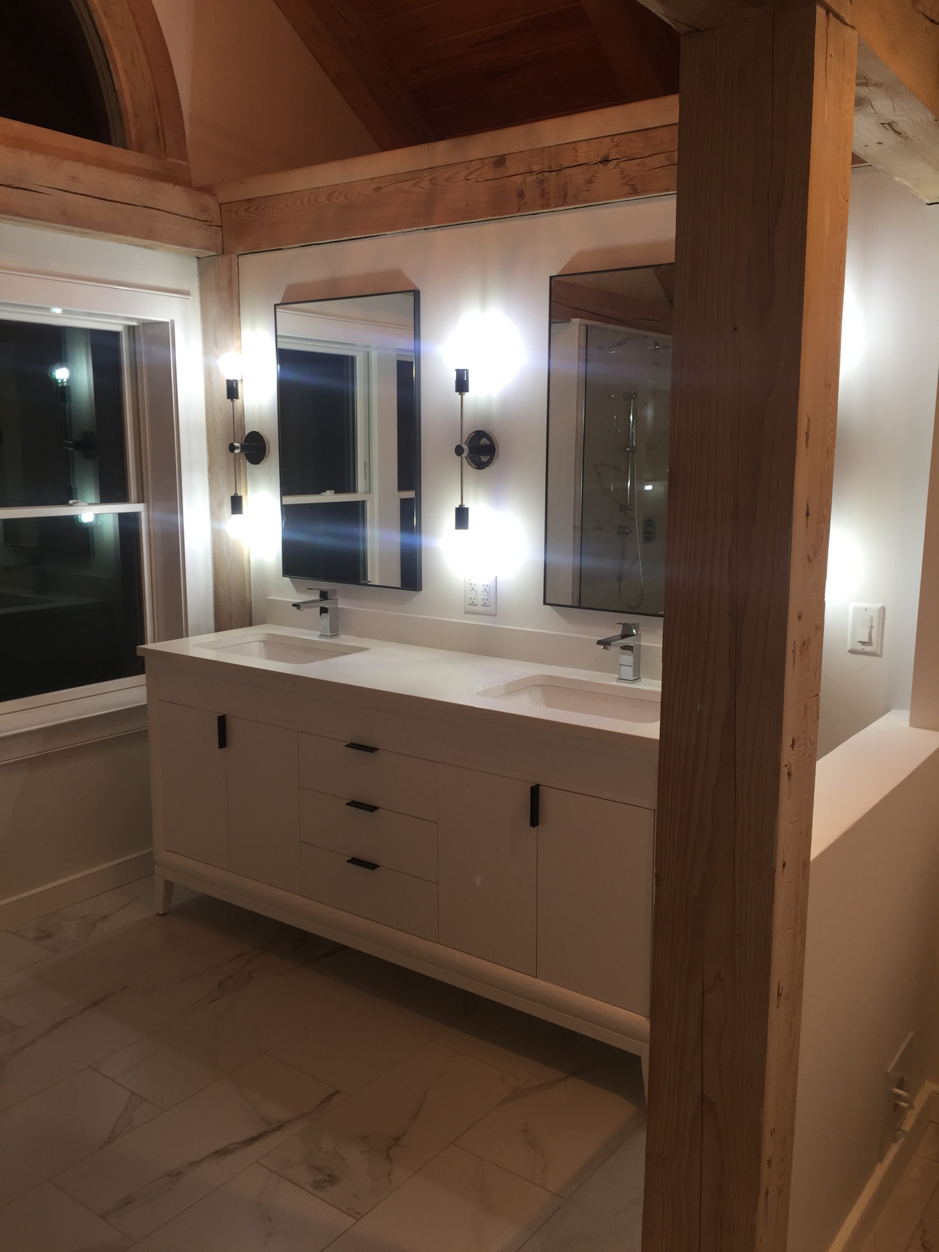 Master bathroom in a post and beam home