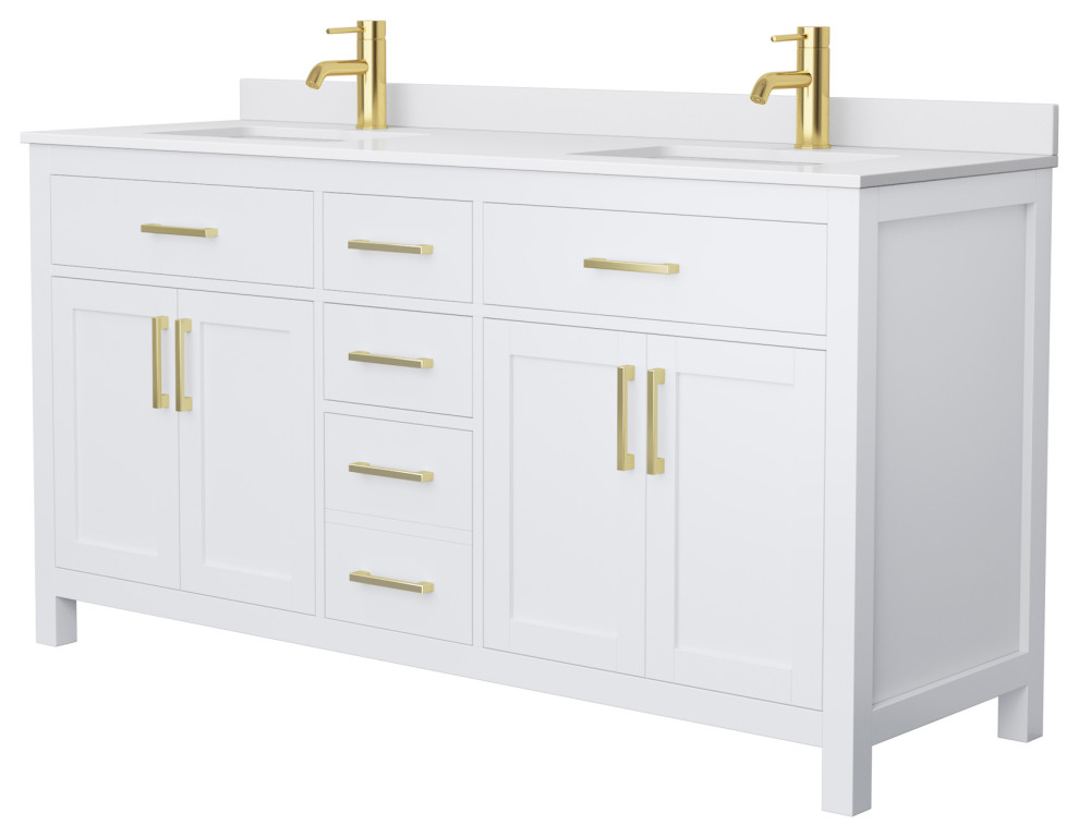 Beckett 66" Double Vanity, White, White Cultured Marble Top, Gold Trim