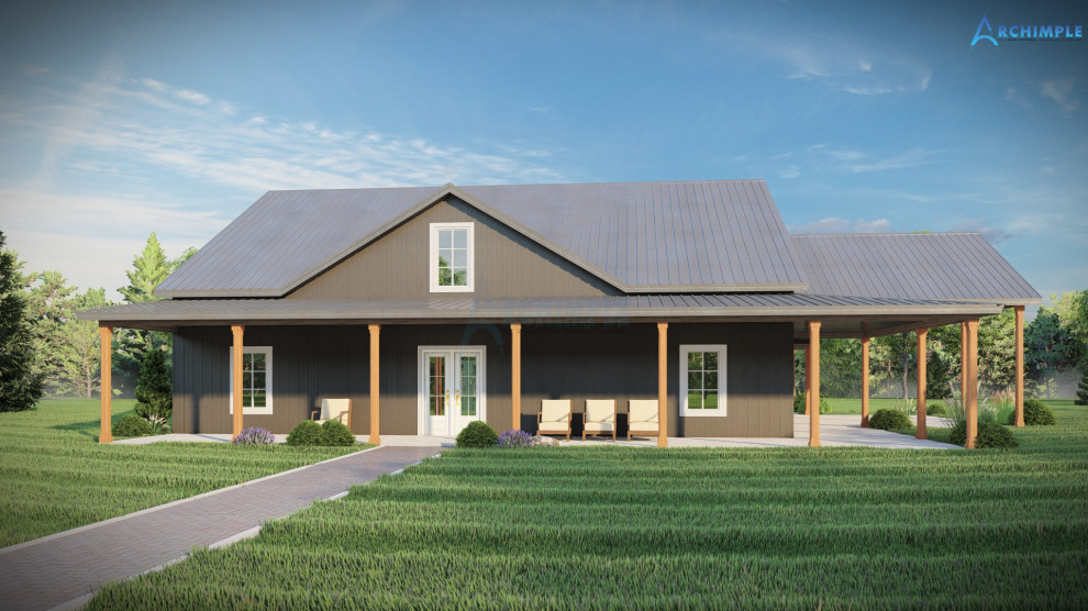 Idee per la villa country a un piano di medie dimensioni con rivestimento in metallo, tetto a capanna, copertura in metallo o lamiera, tetto nero e pannelli e listelle di legno