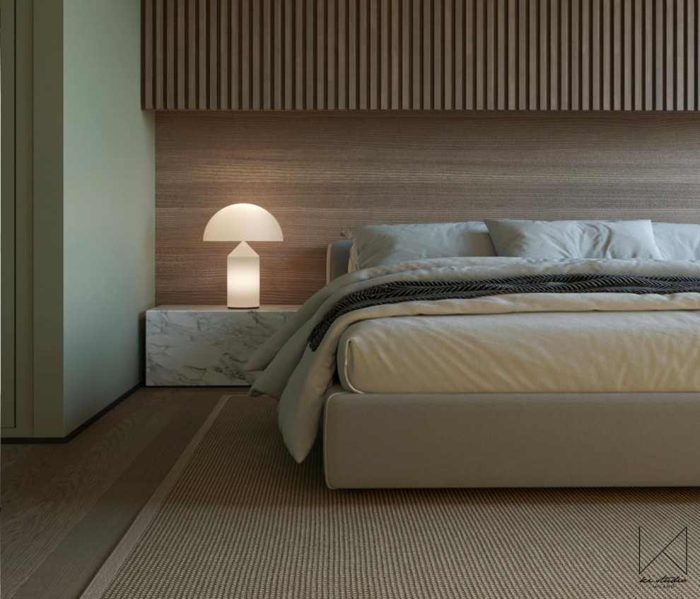 Inspiration pour une chambre parentale blanche et bois design de taille moyenne avec un mur vert, un sol en bois brun, un sol marron et du lambris.
