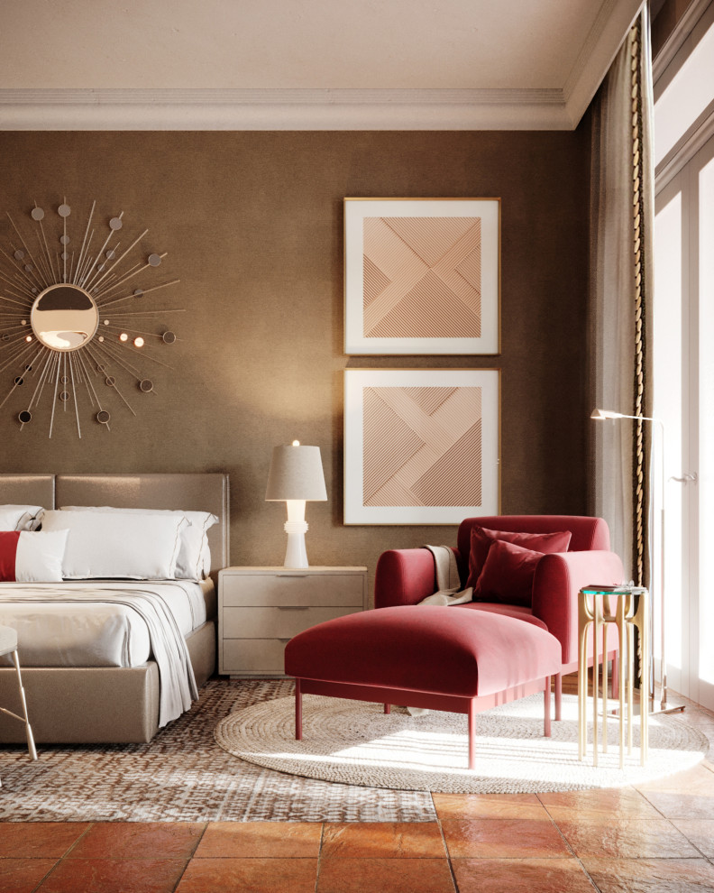 Modelo de habitación de invitados moderna con suelo de baldosas de cerámica y papel pintado