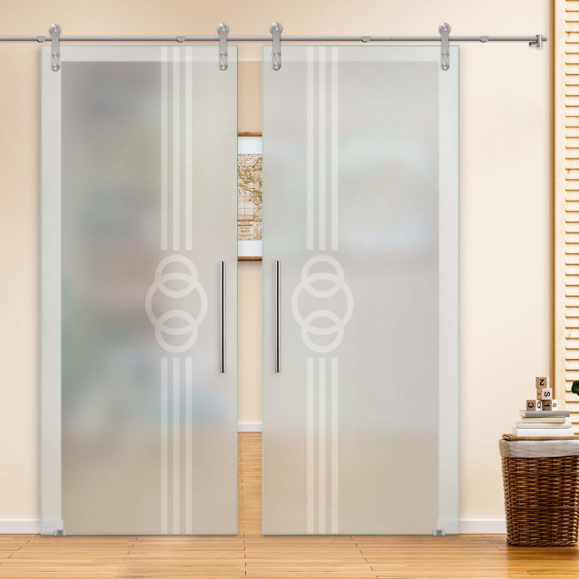 Double Sliding Glass Barn Door with Frosted Design V1000, 2x 30"x81 ...