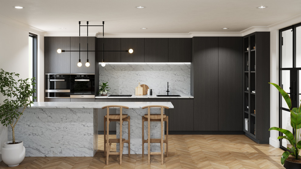 Inspiration for a mid-sized contemporary u-shaped open plan kitchen in London with a drop-in sink, flat-panel cabinets, dark wood cabinets, marble benchtops, white splashback, marble splashback, black appliances, light hardwood floors, with island, brown floor and white benchtop.
