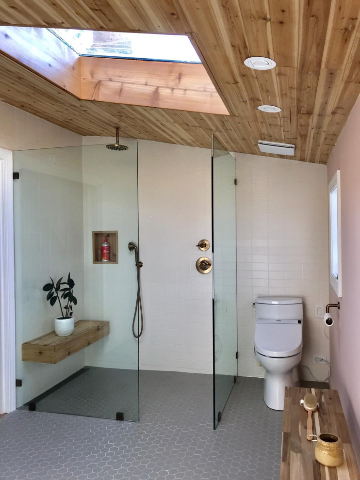 This is an example of a large contemporary master bathroom in Chicago with light wood cabinets, an open shower, white tile, ceramic tile, an undermount sink, quartzite benchtops, an open shower, white benchtops, a one-piece toilet, beige walls, ceramic floors and grey floor.