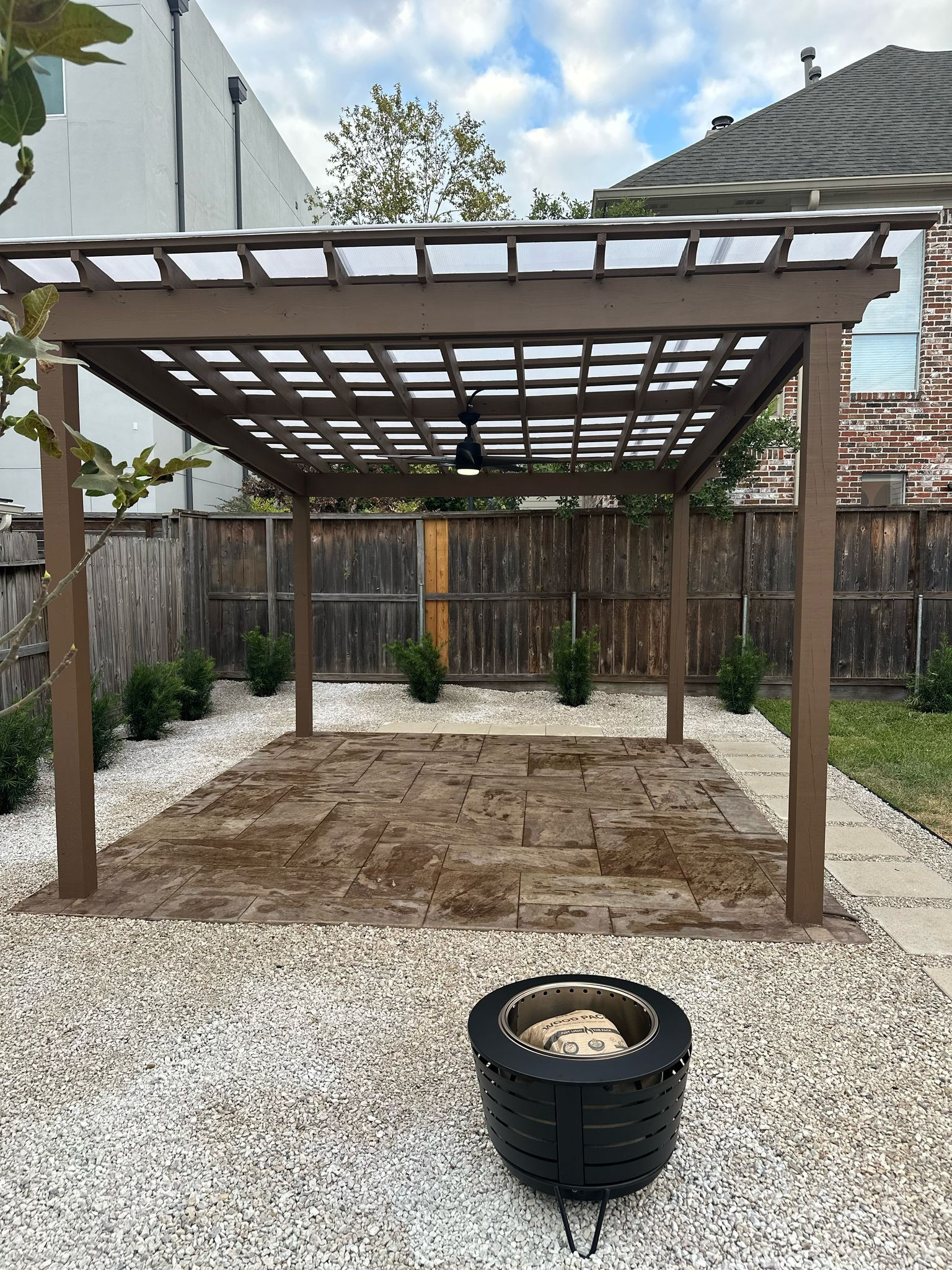 Beautiful stamped concrete patio with Pergola Cover on Haddon st!