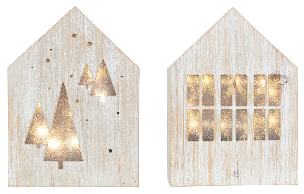 Juniper Led Light Box, Set Of 2, Wood House, 5.5"x8", Holiday Decor