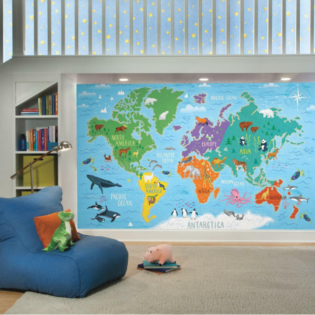 World Map Mural Peel & Stick Wallpaper - Contemporary - Kids Wall Decor ...