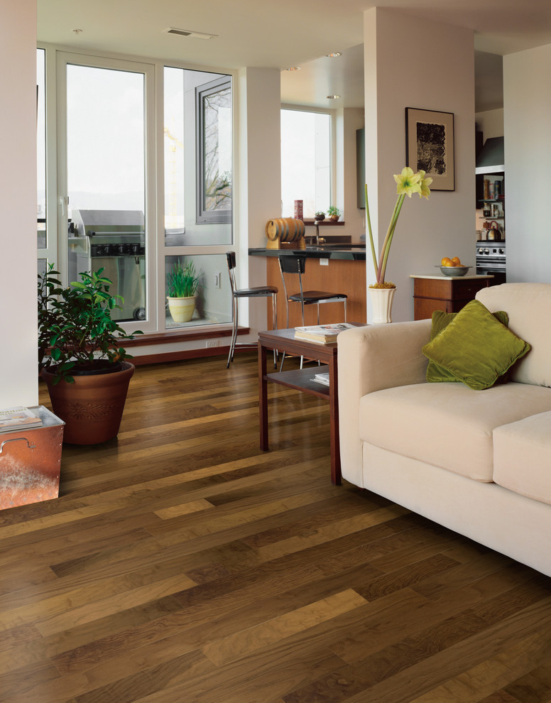 Large transitional formal and open concept vinyl floor and brown floor living room photo with white walls, no fireplace and no tv