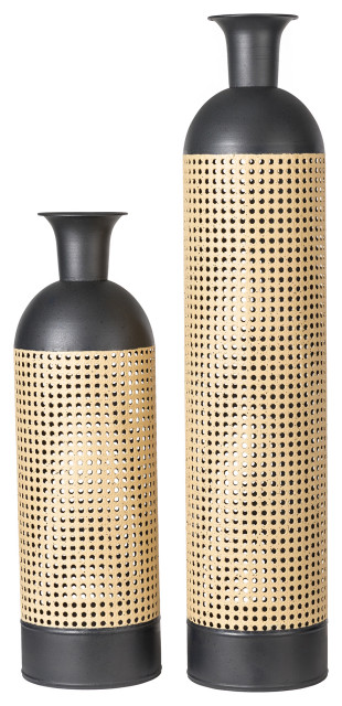 Boho Decorative Gold/Black Floor Metal Vase, Set of 2