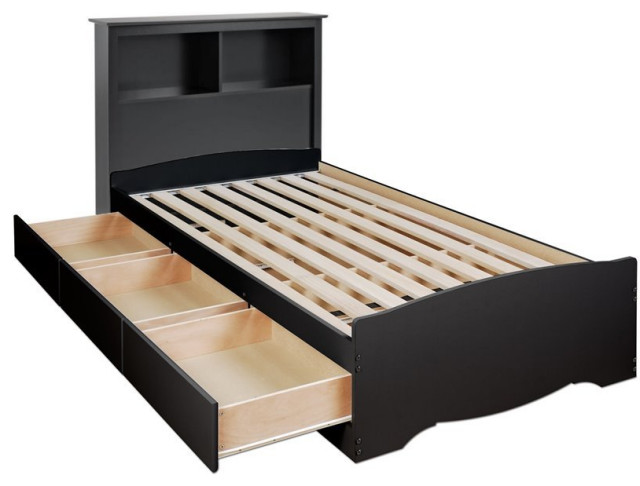 Prepac Sonoma Wooden Twin XL Bookcase Platform Storage Bed in Black