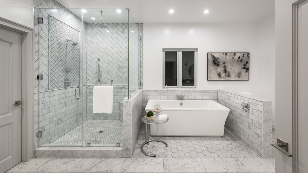 Inspiration for a large contemporary master bathroom in Los Angeles with a freestanding tub, a corner shower, gray tile, marble, white walls, marble floors, grey floor and a hinged shower door.
