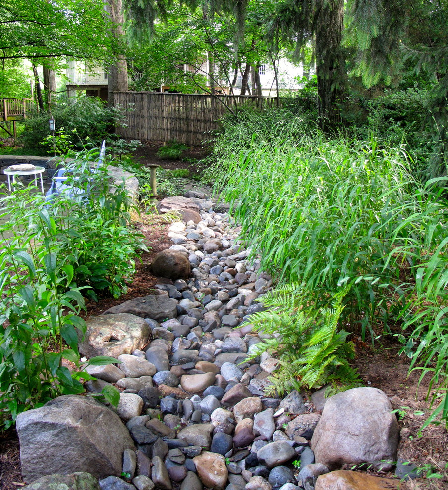Photo of a contemporary backyard garden in DC Metro with a water feature.