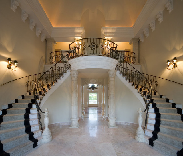 Classical grand foyer double staircase for a mediterranean villa