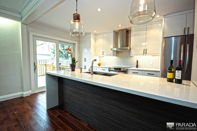 White High Gloss-Dark Island-Waterfall Quartz - Contemporary - Kitchen ...