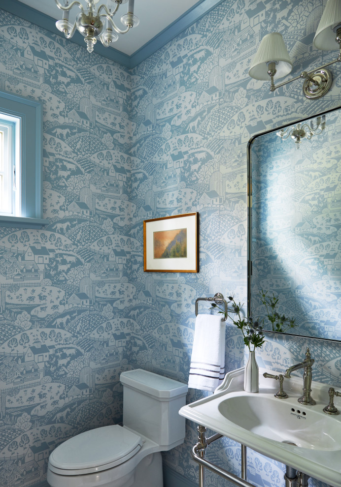 Idée de décoration pour un petit WC et toilettes champêtre avec WC séparés, un mur bleu, un plan vasque, meuble-lavabo sur pied et du papier peint.