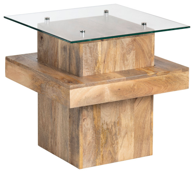 Monaco Mango Wood and Glass End Table, Brown Rustic Side Tables And End Tables by
