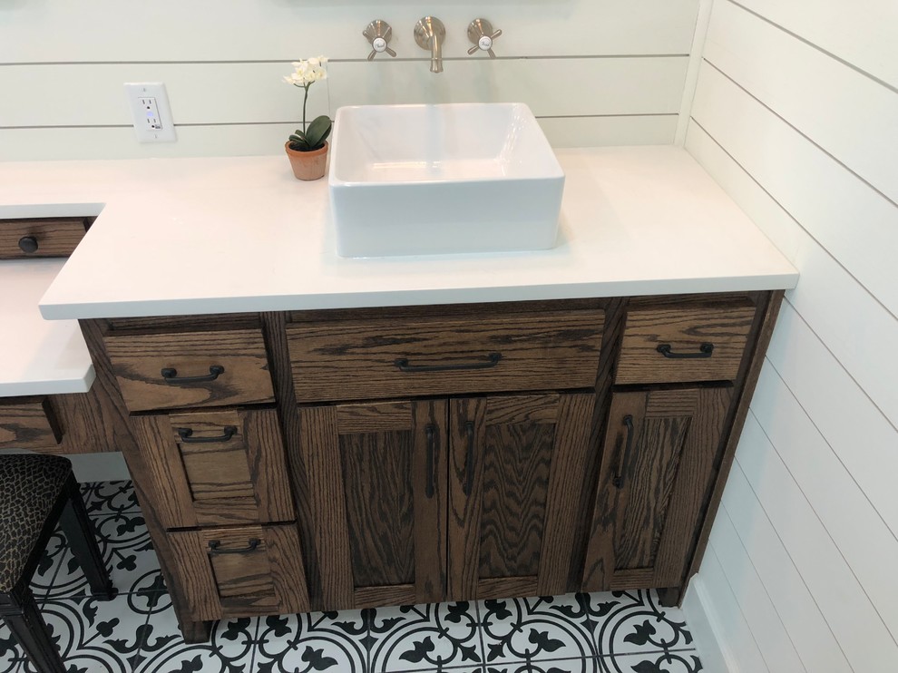 Large country master bathroom in Other with shaker cabinets, dark wood cabinets, a freestanding tub, an alcove shower, white walls, porcelain floors, a vessel sink, engineered quartz benchtops, multi-coloured floor, a hinged shower door and white benchtops.
