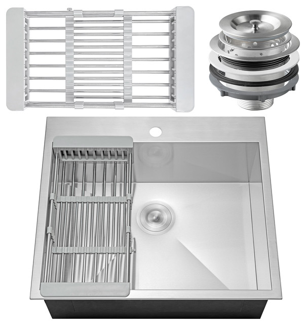 Akdy 25 X22 X9 Stainless Steel Top Mount Kitchen Sink Single Basin With Tray