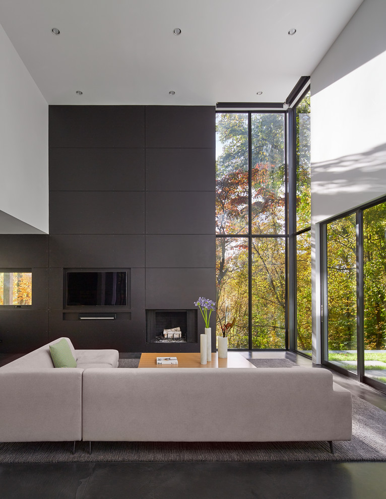 Large modern open concept family room in New York with black walls, a standard fireplace and a built-in media wall.