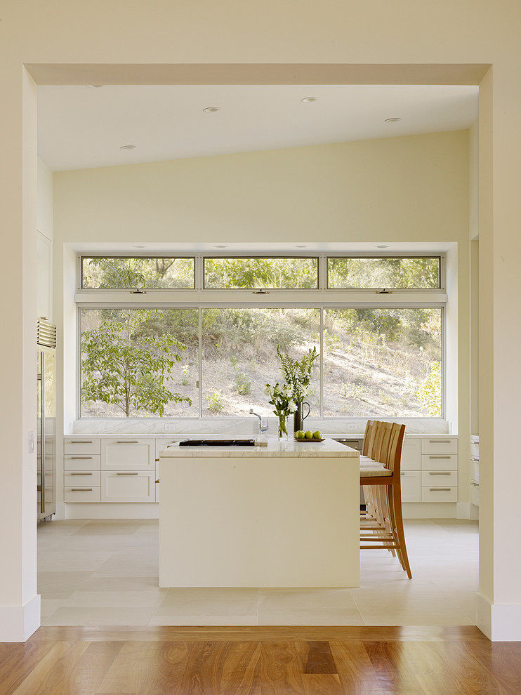 Design ideas for a transitional separate kitchen in San Francisco with shaker cabinets, white cabinets and with island.