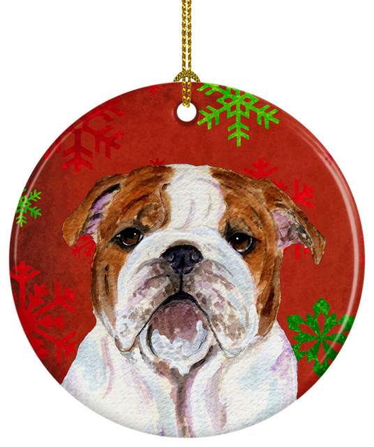 Ss4691-Co1 Bulldog English Red Snowflakes Holiday Christmas Ceramic Ornament